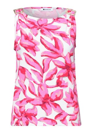 Top bianco senza maniche con grande motivo floreale rosa e rosso, con due fibbie marrone chiaro sulle spalline.