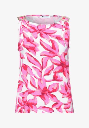 Haut blanc sans manches avec un grand motif floral rose et rouge, avec deux boucles marron clair sur les bretelles.