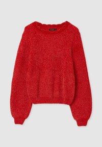Maglione rosso lavorato a maglia con scollatura rotonda ampia, maniche lunghe a palloncino e orlo a costine. Tessuto testurizzato con un aspetto voluminoso.