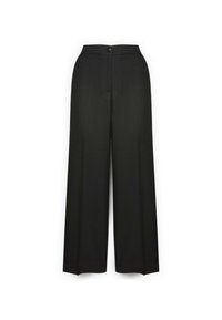 Czarne spodnie szerokie o gładkim materiale, z zapięciem na guzik z przodu, czystymi liniami i bez widocznych wzorów czy akcentów.