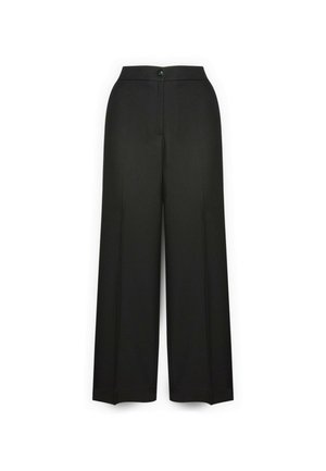 Pantaloni neri a gamba larga in tessuto morbido, con chiusura frontale a bottone, linee pulite e senza motivi o accenti visibili.