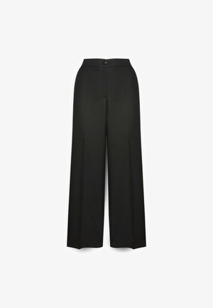 Pantaloni neri a gamba larga in tessuto morbido, con chiusura frontale a bottone, linee pulite e senza motivi o accenti visibili.