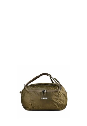 Olive green duffel bag with two handles, front zipper pocket, and white Thule logo on front center.