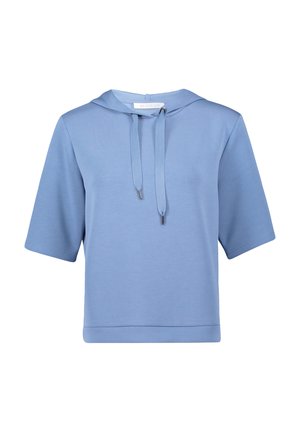 Kurze Sweatjacke aus hellblauem Stoff mit lockerer Passform, Kordelzug-Halslinie und minimalistischem Design. Weiche Textur, keine sichtbaren Muster.