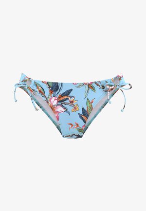 Blumiger Bikini-Höschen in Hellblau mit tropischem Druck. Verstellbare Bänder an den Seiten, mit glatter Textur und weichem Material.