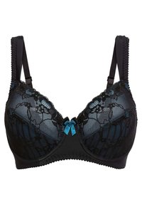 Reggiseno in pizzo nero con pannelli in rete e dettaglio in raso teal al centro. Presenta spalline regolabili e bordo in pizzo texturizzato lungo i bordi.
