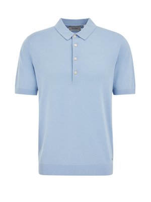 Light blue short-sleeve polo shirt with four white buttons and a classic collar, displayed on a plain white background.