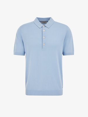 Light blue short-sleeve polo shirt with four white buttons and a classic collar, displayed on a plain white background.