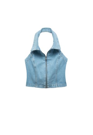 Lichtblauw, cropped denim vest met een hoge kraag, voorzien van een ritssluiting aan de voorkant en gebogen naaddetails. Geen mouwen. Gladde textuur.