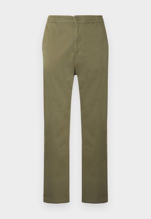 Olive green, lightweight cotton trousers with an elasticated waist, button closure, and straight leg design. No visible patterns or accents.