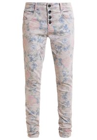 Blommönstrade jeans med en ljus rosa och blå färgsättning, slim fit, fem fickor och en knappgylf med fyra svarta knappar.