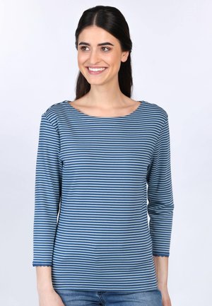 Gestreiftes Langarmoberteil in Blau und Hellblau mit weitem Ausschnitt und gewelltem Saum. Weicher, leichter Stoff mit einer lockeren Passform.