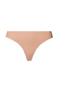 Culotte en dentelle nude sans couture fabriquée en tissu doux, avec un design minimaliste et une texture lisse sans coutures ni motifs visibles.