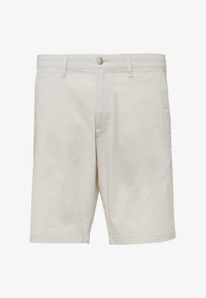 Beige Baumwollkurze Hosen mit einem Knopfverschluss, Gürtelschlaufen und zwei seitlichen Taschen. Gerader Schnitt mit gesäumtem Abschluss.