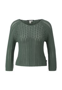 Pull vert en tricot avec des motifs en dentelle complexes, manches longues et encolure ronde, présenté sur un fond blanc.