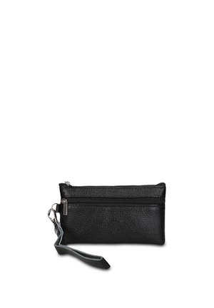 Borsetta da polso in pelle nera testurizzata con due scomparti con cerniera e una tracolla staccabile su sfondo bianco.