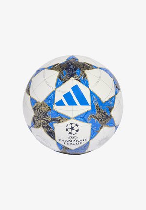 Adidas UEFA Champions League soccer ball features a white surface with blue and gold detailing, star-shaped panels, and animal graphics.