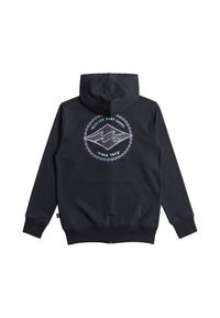 Schwarzer Kapuzenpullover mit einem großen, bunten Grafikdesign auf dem Rücken, das Wellen und Text in einem kreisförmigen Design zeigt. Aus weichem Stoff gefertigt.