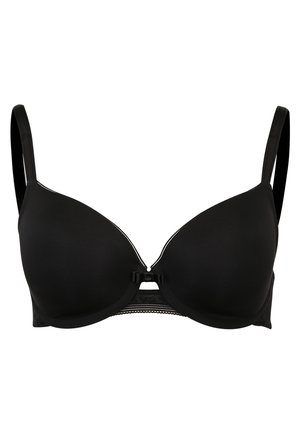 Black underwire bra with smooth molded cups, adjustable straps, decorative lace at the back, and a small central bow detail.