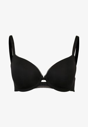 Reggiseno nero con ferretto, coppe stampate lisce, spalline regolabili, pizzo decorativo sul retro e un piccolo fiocco centrale.