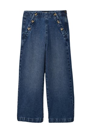 Pantalon en jean à jambes larges bleu marine avec détails de boutons près de la taille et poches avant sur fond blanc.