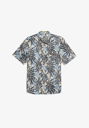 Short-sleeve button-up shirt in light blue with a tropical leaf pattern in dark green, beige, and orange. Features a chest pocket.