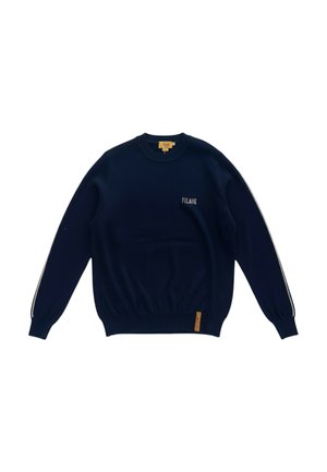 Maglione girocollo blu navy con strisce laterali bianche e piccolo logo testuale frontale "T'LLAIIE", con polsini e orlo a coste.