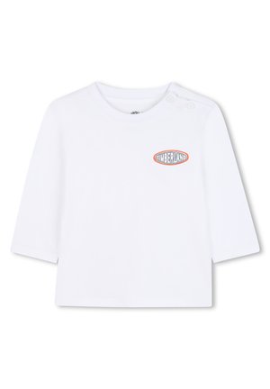 Witte longsleeve t-shirt van zacht katoen, met een ronde halslijn en twee drukknoopjes op de linkerschouder. Timberland-logo weergegeven.