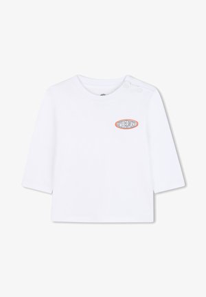 Witte longsleeve t-shirt van zacht katoen, met een ronde halslijn en twee drukknoopjes op de linkerschouder. Timberland-logo weergegeven.