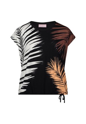 Schwarzes kurzärmeliges Oberteil mit großen weißen, braunen und beigen Palmenblattmustern und einem Kordelzug-Detail am Saum.