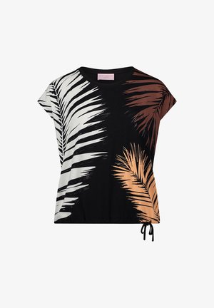 Schwarzes kurzärmeliges Oberteil mit großen weißen, braunen und beigen Palmenblattmustern und einem Kordelzug-Detail am Saum.