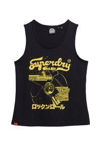 Canotta nera in cotone con grande testo grafico giallo e immagini, inclusa una grafica di un disco in vinile e caratteri giapponesi.
