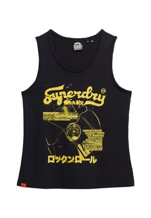 Canotta nera in cotone con grande testo grafico giallo e immagini, inclusa una grafica di un disco in vinile e caratteri giapponesi.