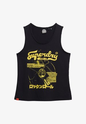 Canotta nera in cotone con grande testo grafico giallo e immagini, inclusa una grafica di un disco in vinile e caratteri giapponesi.