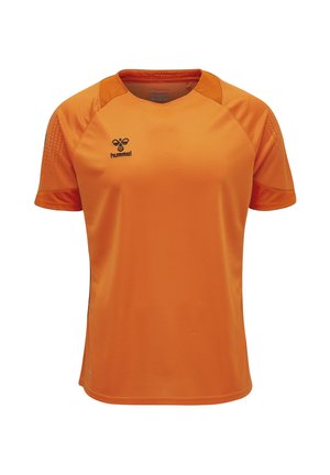 Hell oranges Kurzarm-Sporttrikot mit schwarzem hummel-Logo auf der linken Brust, strukturierter Stoff und Raglanärmel.