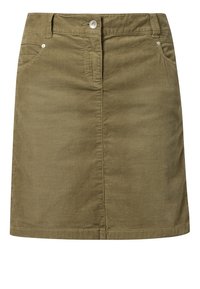 Olijfgroene corduroy rok met een rechte snit, voorzakken en een enkele knoopsluiting in de taille. De stof heeft verticale ribbels.
