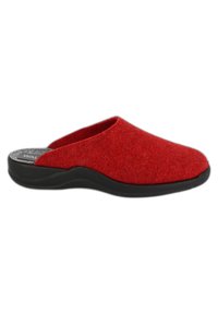 Red felt slip-on clog with a rounded toe, black rubber sole, and a soft grey insole. Features a smooth texture and no visible hardware.