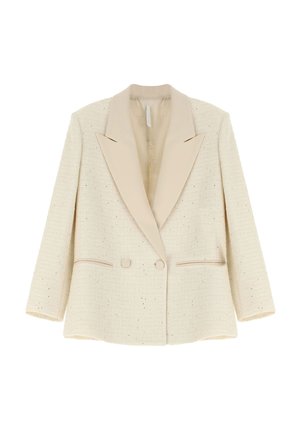 Blazer beige testurizzato con rever a picco di un beige chiaro a contrasto, chiusura a doppio bottone e due tasche laterali. Vestibilità sartoriale con spalle strutturate.