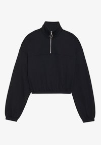 Μαύρο cropped φούτερ με ψηλό γιακά, κλείσιμο με μισό φερμουάρ και ελαστικές μανσέτες και τελείωμα. Κατασκευασμένο από απαλό υλικό με λεία υφή.