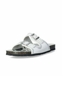 Sandali bianchi con due cinturini regolabili, fibbie argentate e accenti chiodati. Sottopiede texturizzato con una base in sughero scuro.