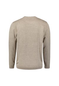 Beige gebreide trui met lange mouwen, een ronde halslijn en een gevarieerde afwerking. Ribgebreide manchetten en onderrand. Eenvoudig achteraanzicht.