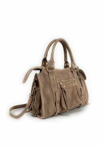 Sac à main en daim marron avec deux poignées supérieures, bandoulière réglable, quincaillerie dorée, poche zippée sur le devant et couture détaillée.