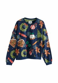 Tumed sweatshirt, millel värvilised pühade teemad, sealhulgas piparkoogimehed, pärjad ja lumememmed. Pehme kangas ja mugav lõige.
