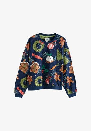 Marineblauer Sweatshirt mit bunten, festlichen Mustern, darunter Lebkuchenmänner, Kränze und Schneeflocken. Weicher Stoff mit lockerer Passform.