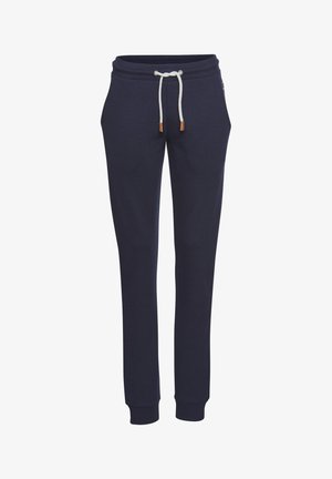 Navy blue sweatpants made of soft cotton blend, featuring a drawstring waistband, ribbed cuffs, and brown leather accents.