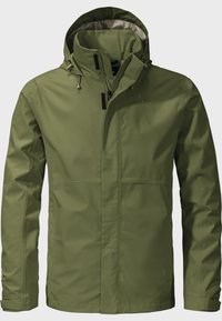 Groene waterdichte jas met hoge kraag, verstelbare capuchon en ritsen. Heeft een gladde buitenkant en subtiele logo-detail op de borst.