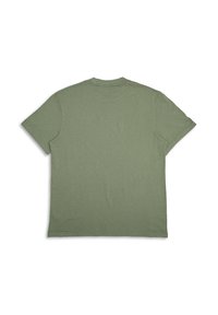 Olive green short-sleeve t-shirt with a crew neck, made of soft cotton fabric. Smooth texture, with no visible logos or patterns on the back.