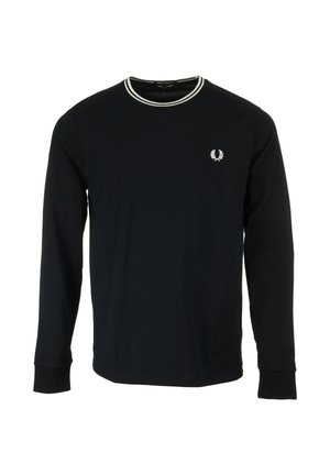 Zwart shirt met lange mouwen, gemaakt van katoen, met een witte rand langs de halslijn en een klein geborduurd logo op de linkerborst.