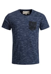 Navy blue short-sleeve t-shirt with white horizontal streaks and a black chest pocket featuring a bird pattern.