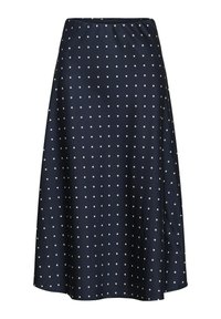 Jupe bleu marine à pois blancs, en tissu lisse. Forme évasée avec une taille élastique pour le confort.